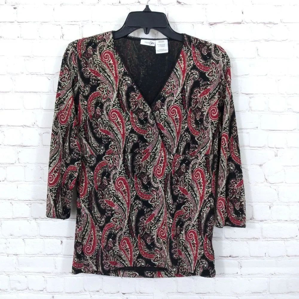 East 5th Women's Size Medium Blouse Black and Red w/ Paisleys 3/4 Sleeve